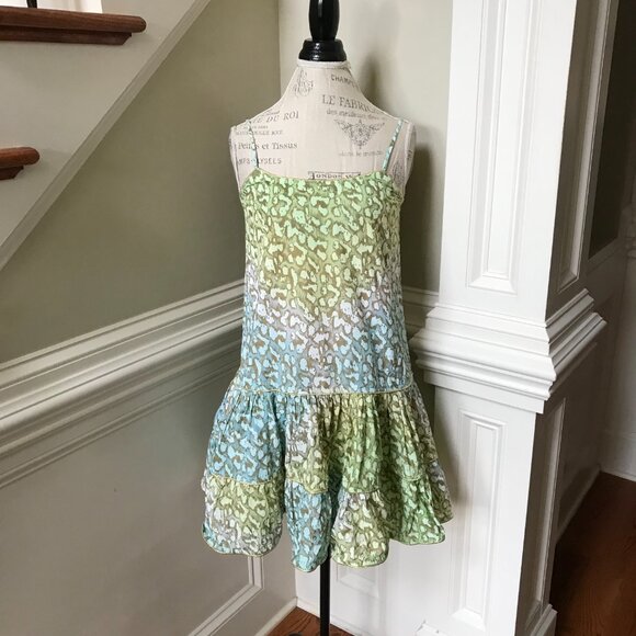 Juliet Dunn Mini Dress Womens 1 Small Green Blue Sleeveless Cotton Tiered Gold - Picture 2 of 11